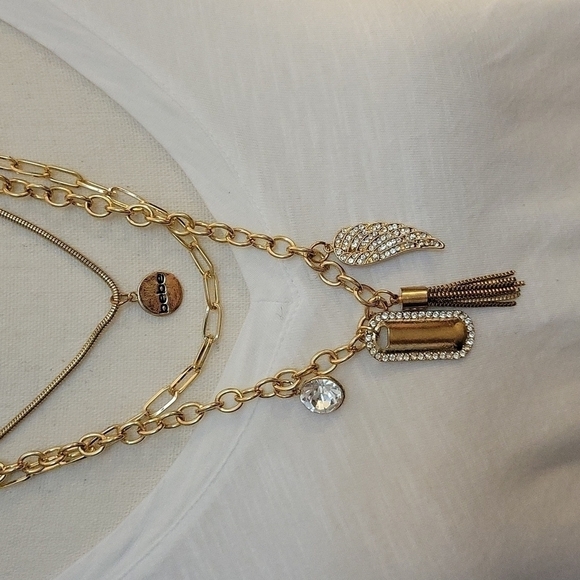 BEBE Goldtone Layered  Esclavage Rhinestone Charm Bling Chain Necklace - Picture 2 of 7